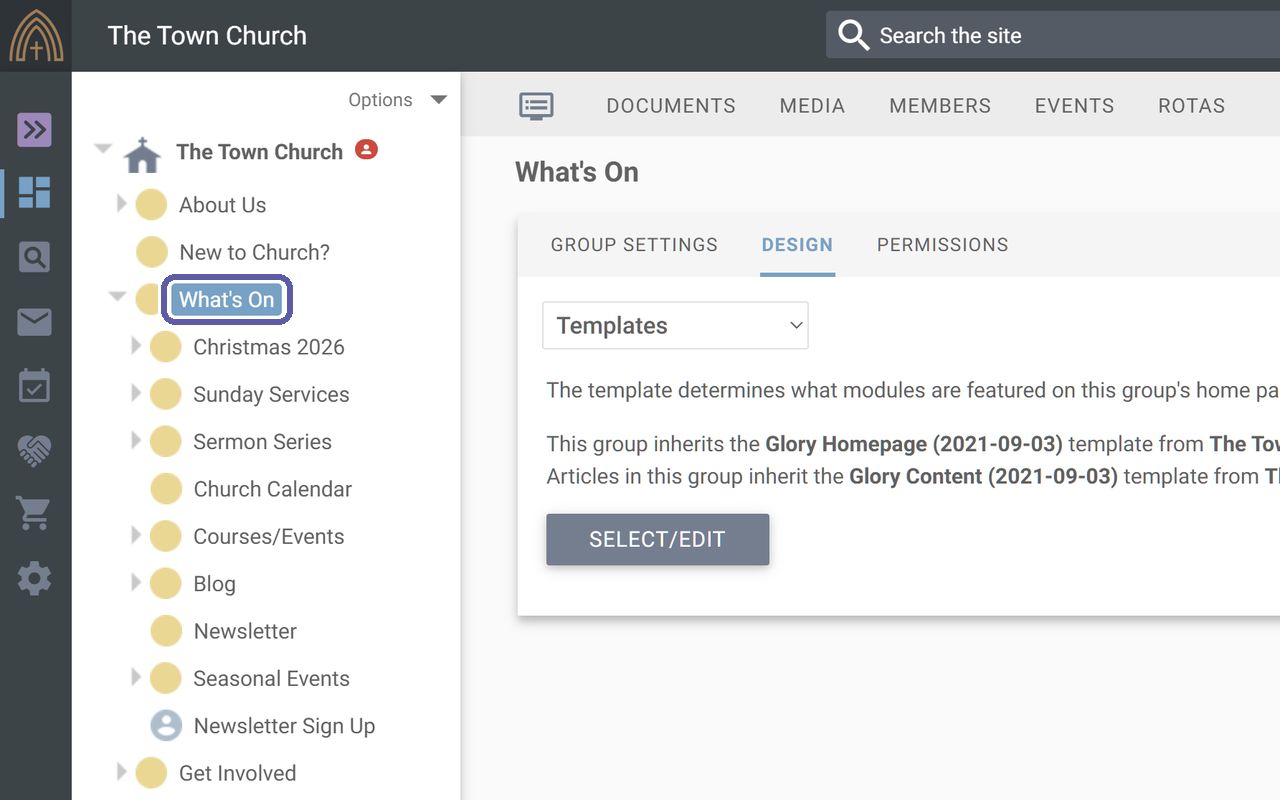 The page selected in the group structure on the left