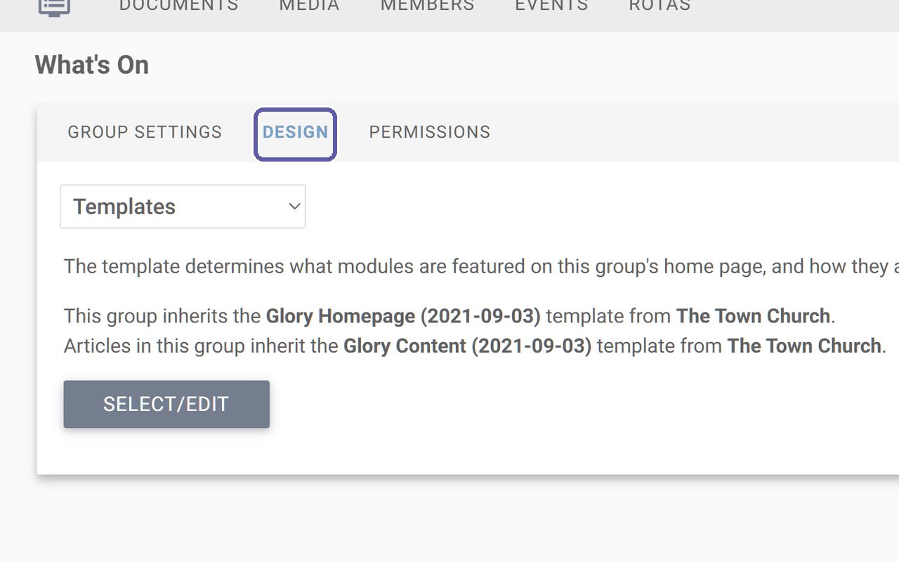 The Design tab in the page settings