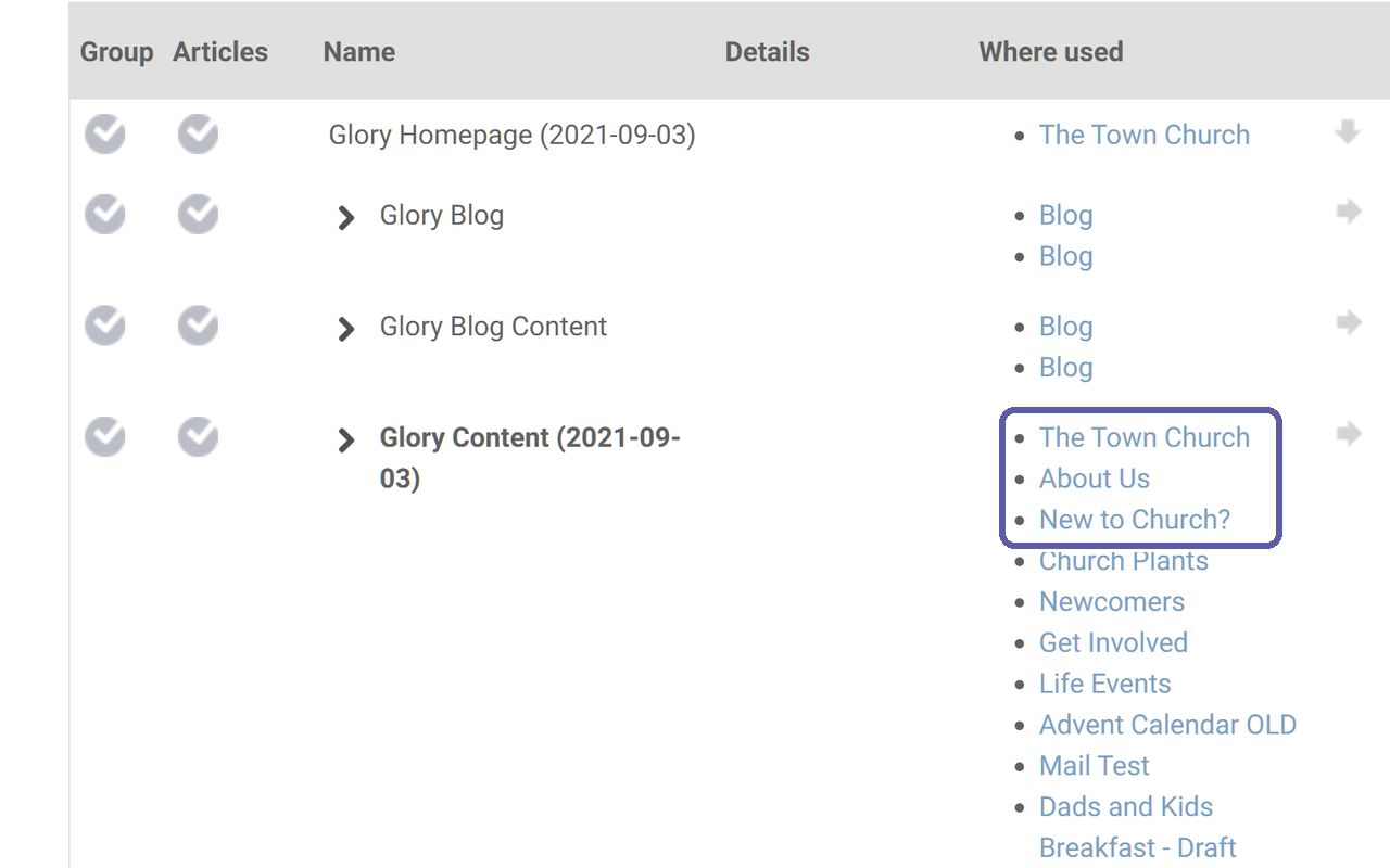 The Where used column showing which pages use each template