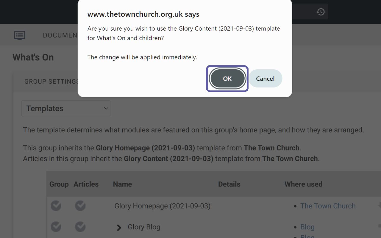 The confirmation message with the OK button