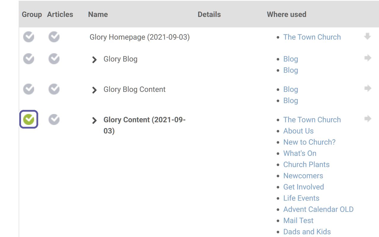The green tick in the Group column