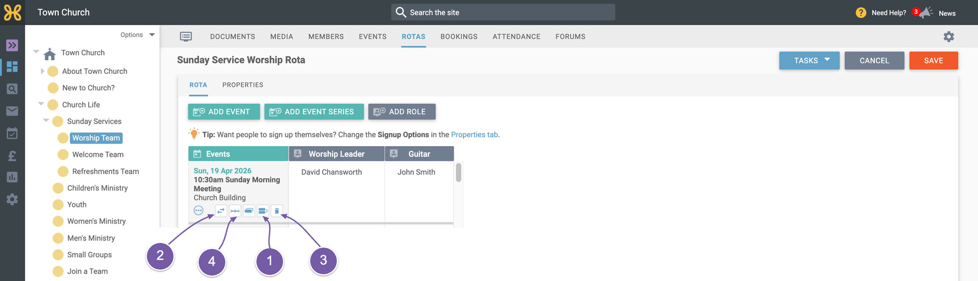The other options on a rota event's three dots menu